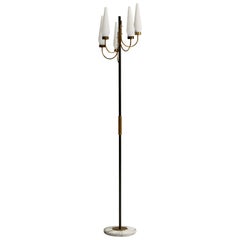 Lampadaire de designer italien, laiton, métal, marbre, verre, Italie, années 1950