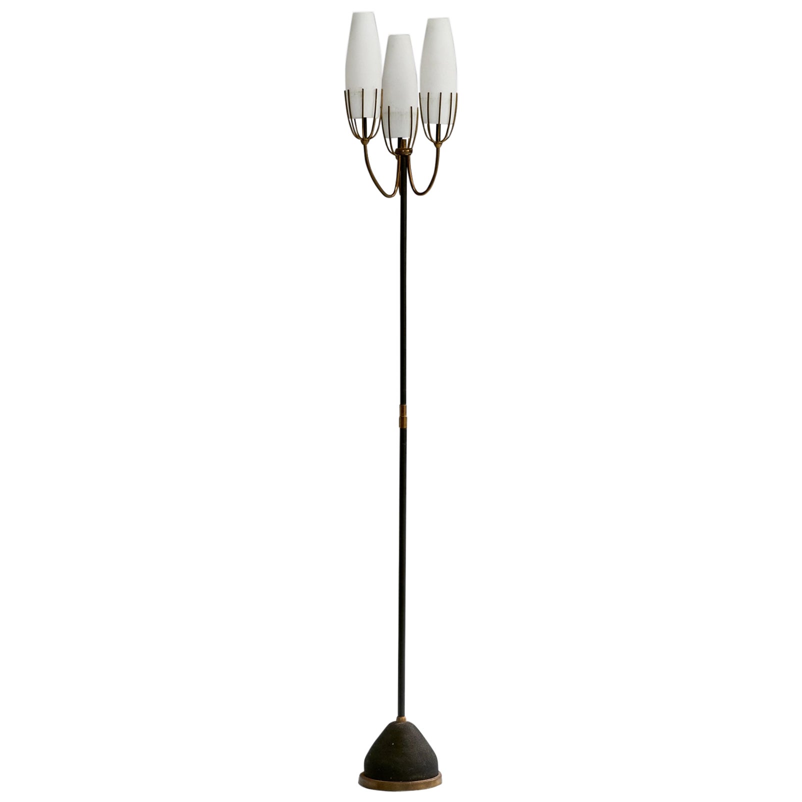 Italian Designer, Floor Lamp, Brass, Iron, Metal, Glass, Italy, 1950s For Sale