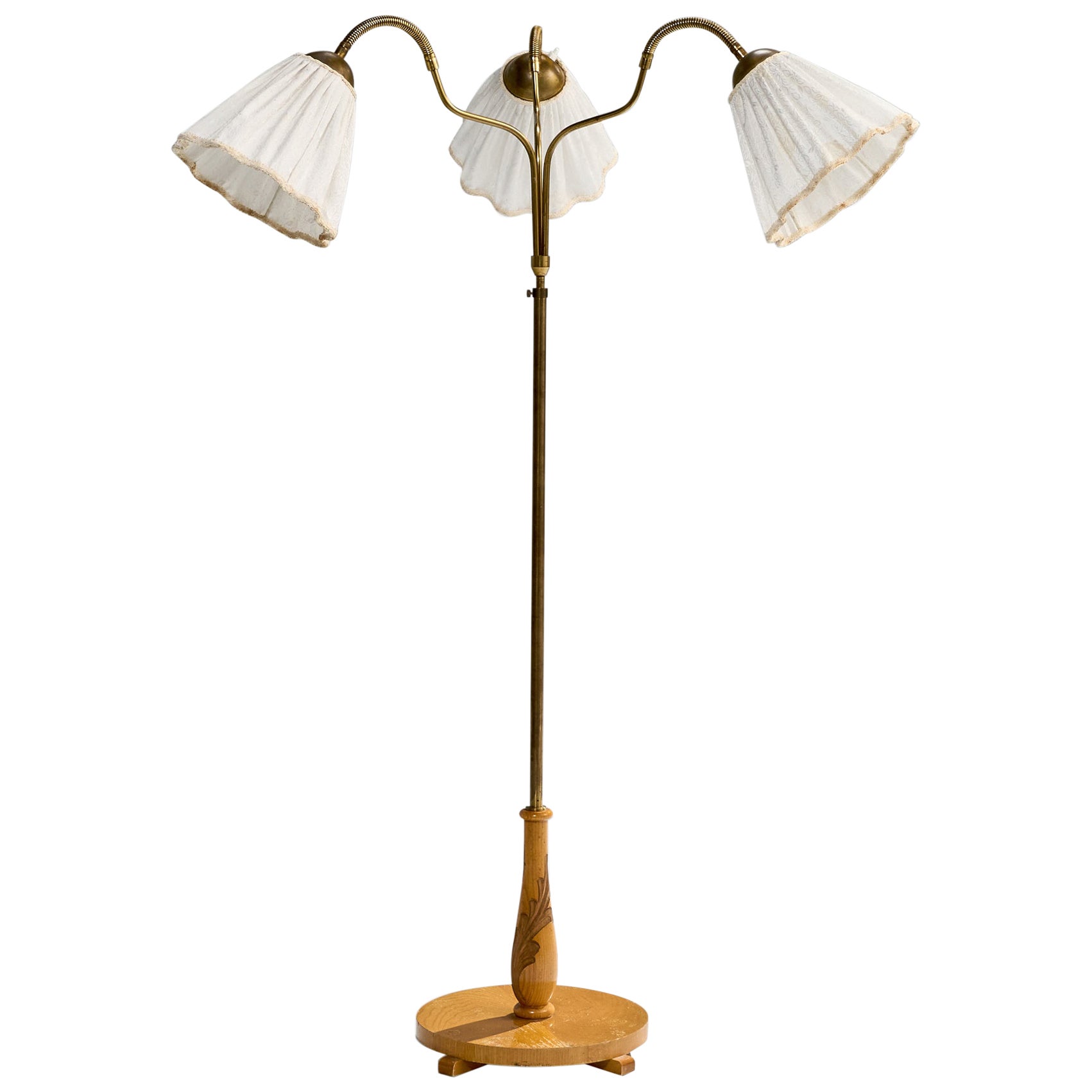 Swedish Designer, Floor Lamp, Oak, Brass, Fabric, Sweden, 1930s