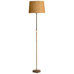 Danish Designer, Floor Lamp, Brass, Rattan, Burlap, Denmark, 1940s