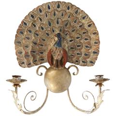 Rare "Peacock Spears Its Tail" Sconce, Polychrome Wood, 1900