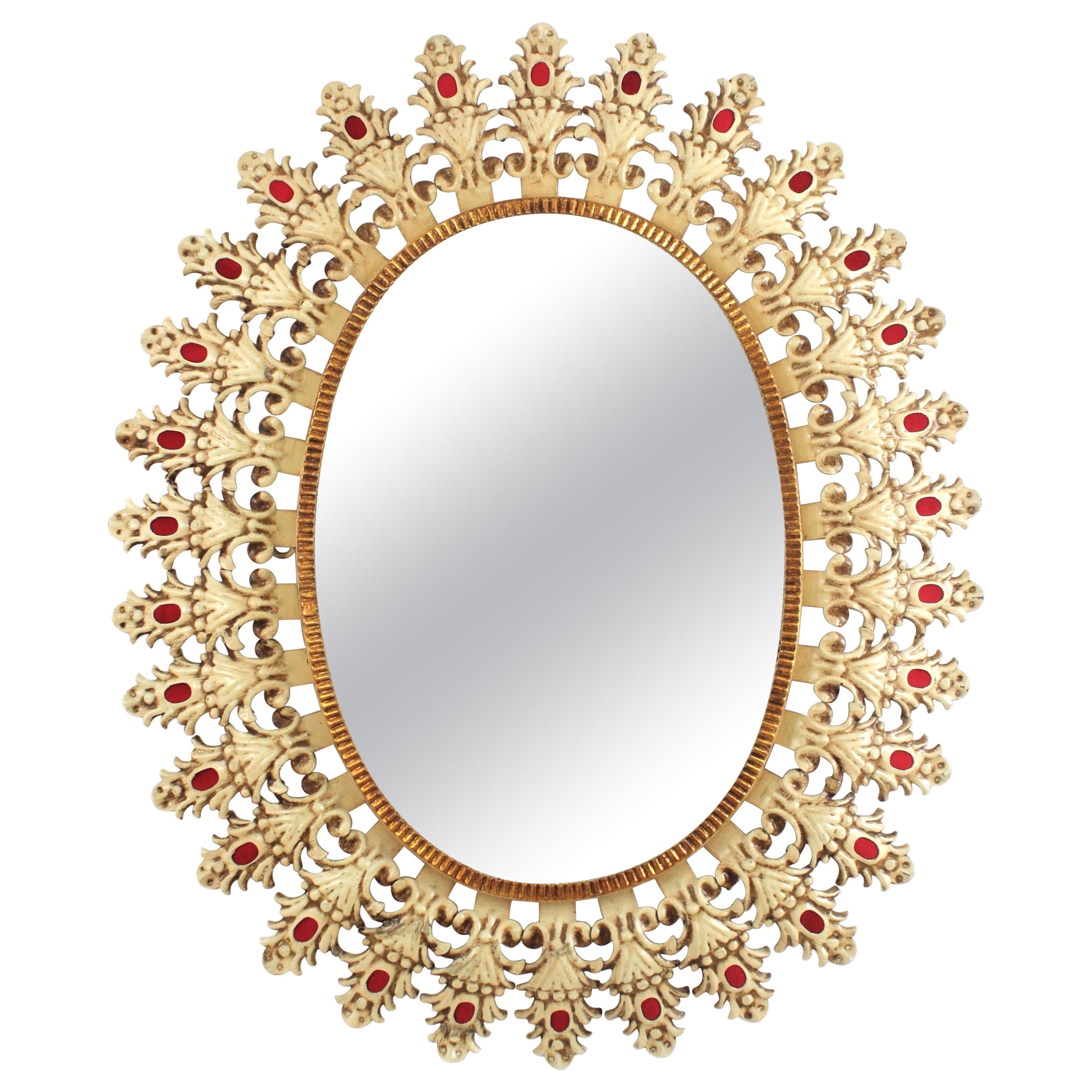 Foliage Oval Sunburst Mirror, Beige Lacquered Iron & Red Velvet, 1950s