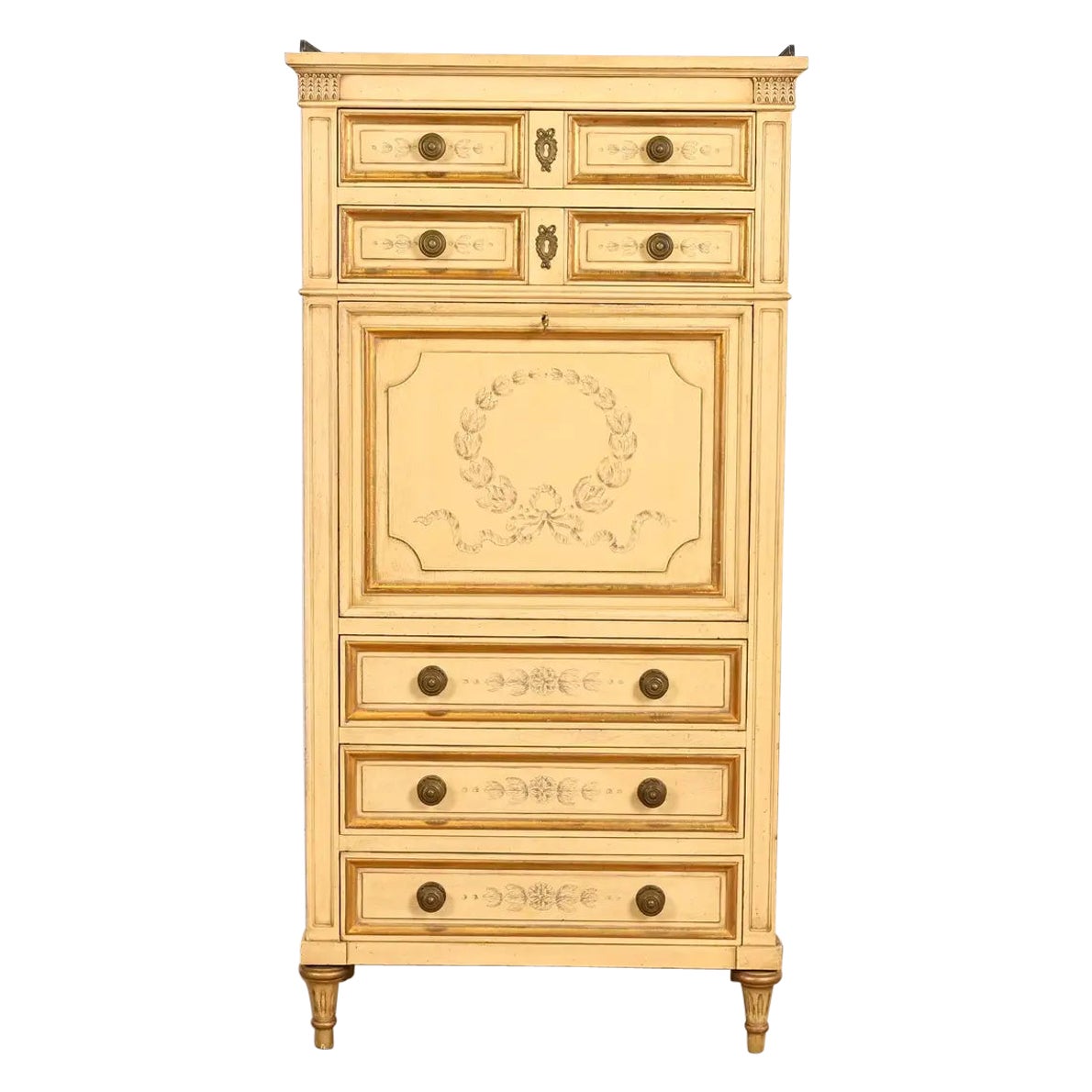 Karges French Regency Louis XVI Cream Lacquered Hand Painted Secrétaire á Abatta