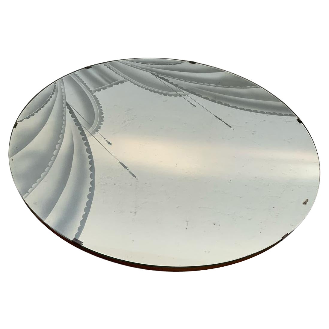 Round mirror with silkscreen decoration, 1950s