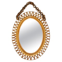 Mid-Century Rattan and Bamboo Oval Wall Mirror Franco Albini Style, Italy 1960s