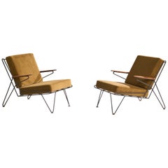 American Designer, Lounge Chairs, Iron, Wood, Velvet, USA, 1950s
