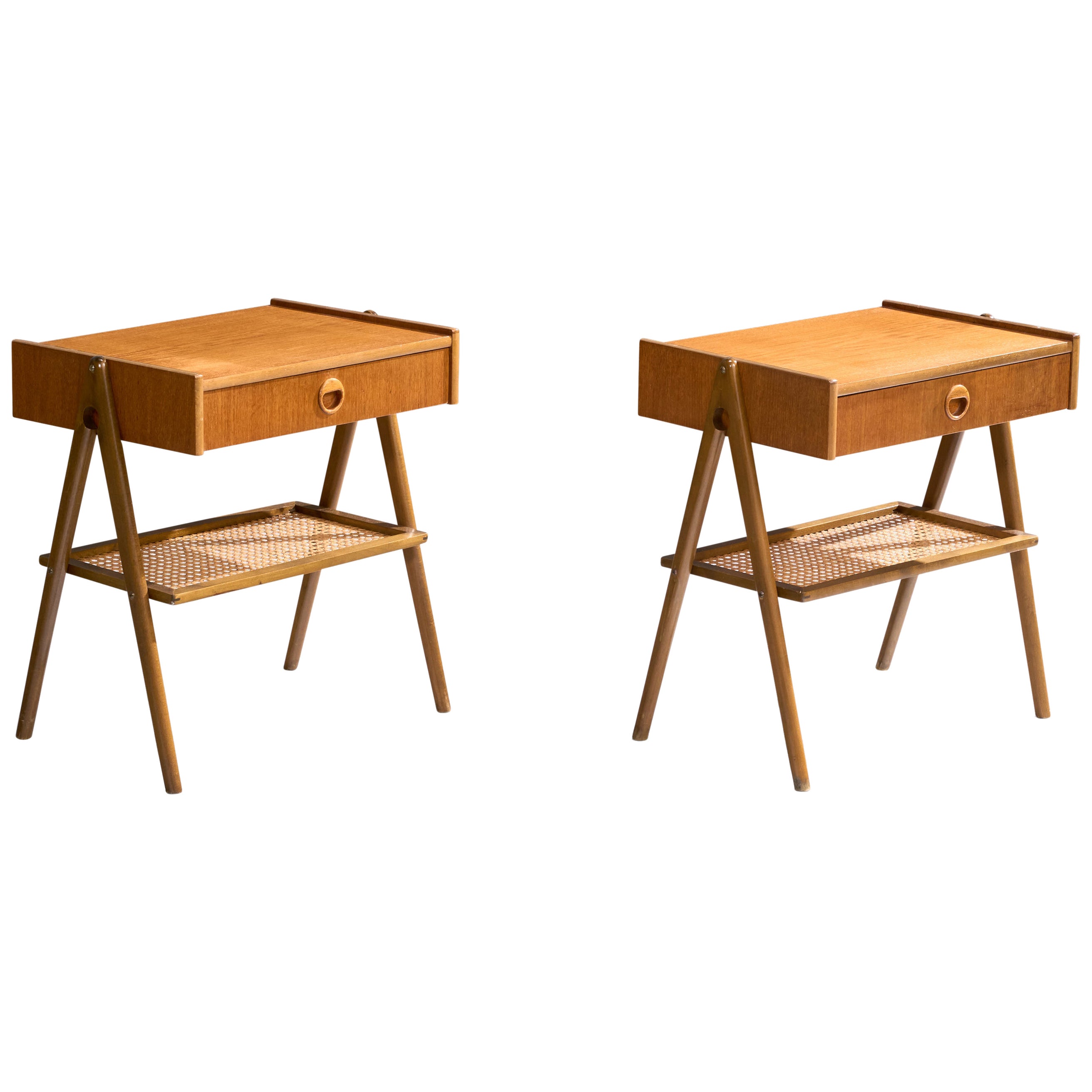 Swedish Designer, Nightstands, Teak, Cane, Sweden, 1950s For Sale