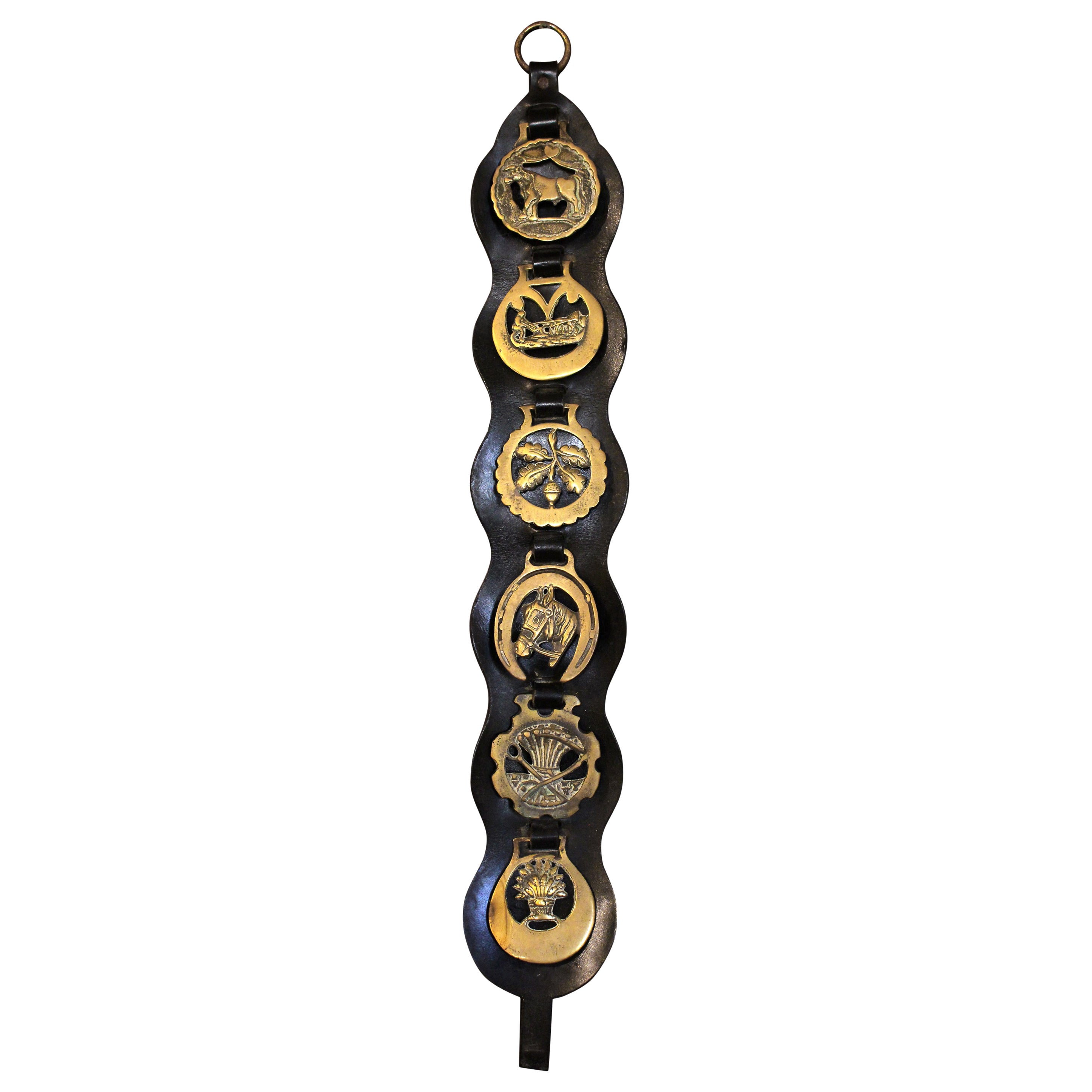 Early 20th Century English 6-Brass Leather Horse Strap For Sale