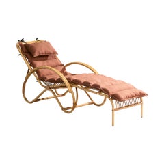 Chaise Longue di design svedese, bambù, rattan, tessuto, anni '60