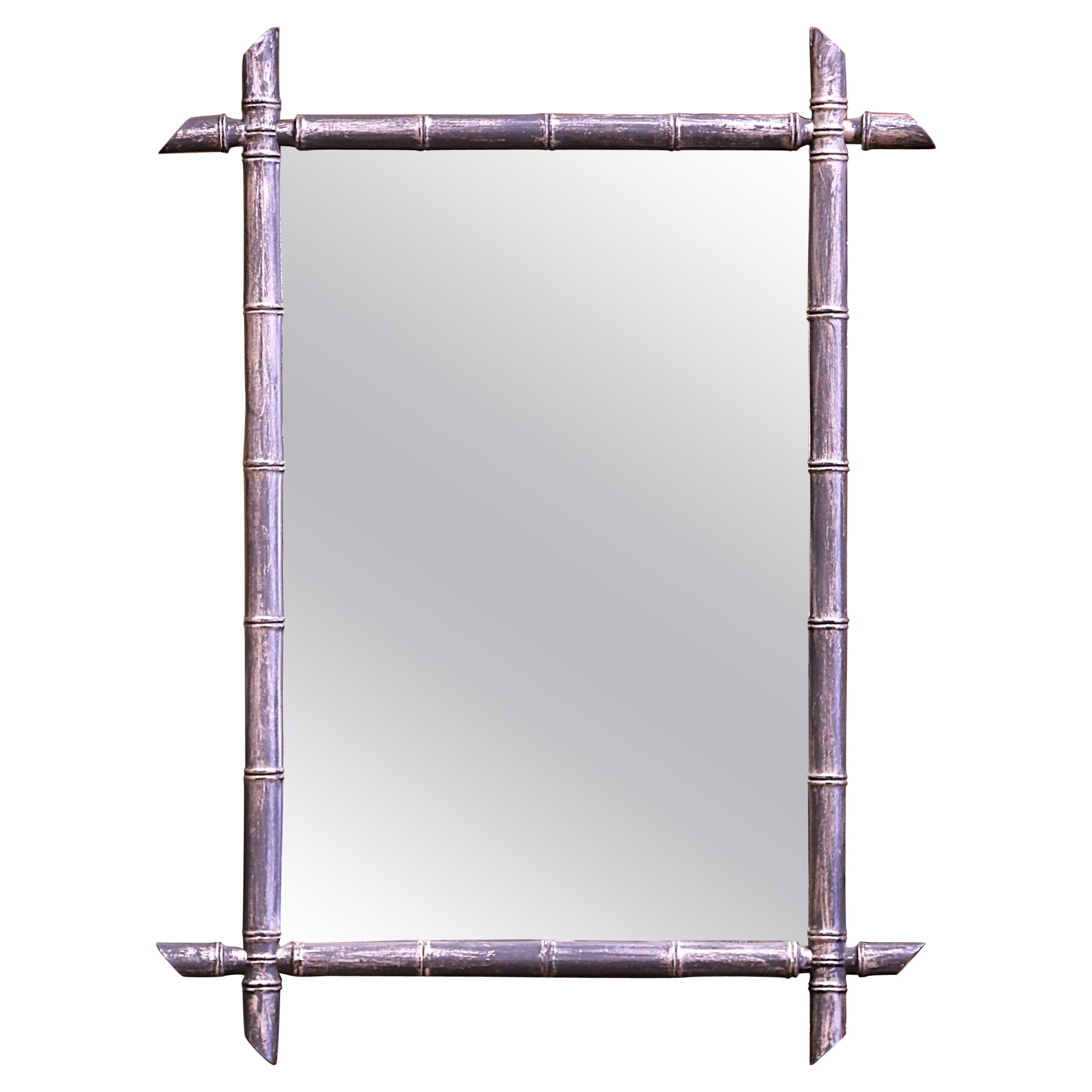 Early 20th Century French Hand Carved Silver Painted Faux Bamboo Wall Mirror
