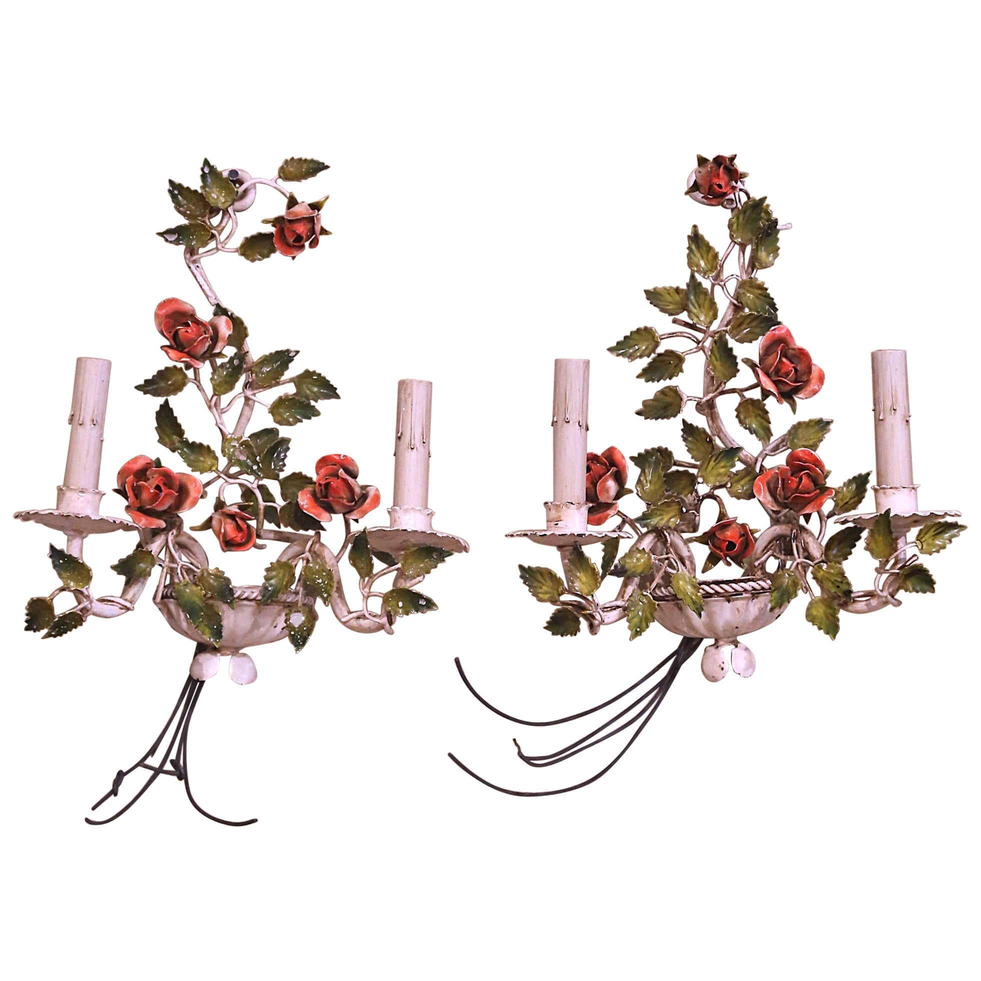 Pair of Early 20th Century French Painted Metal Roses & Leaves Wall Sconces