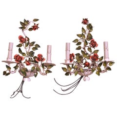 Pair of Early 20th Century French Painted Metal Roses & Leaves Wall Sconces