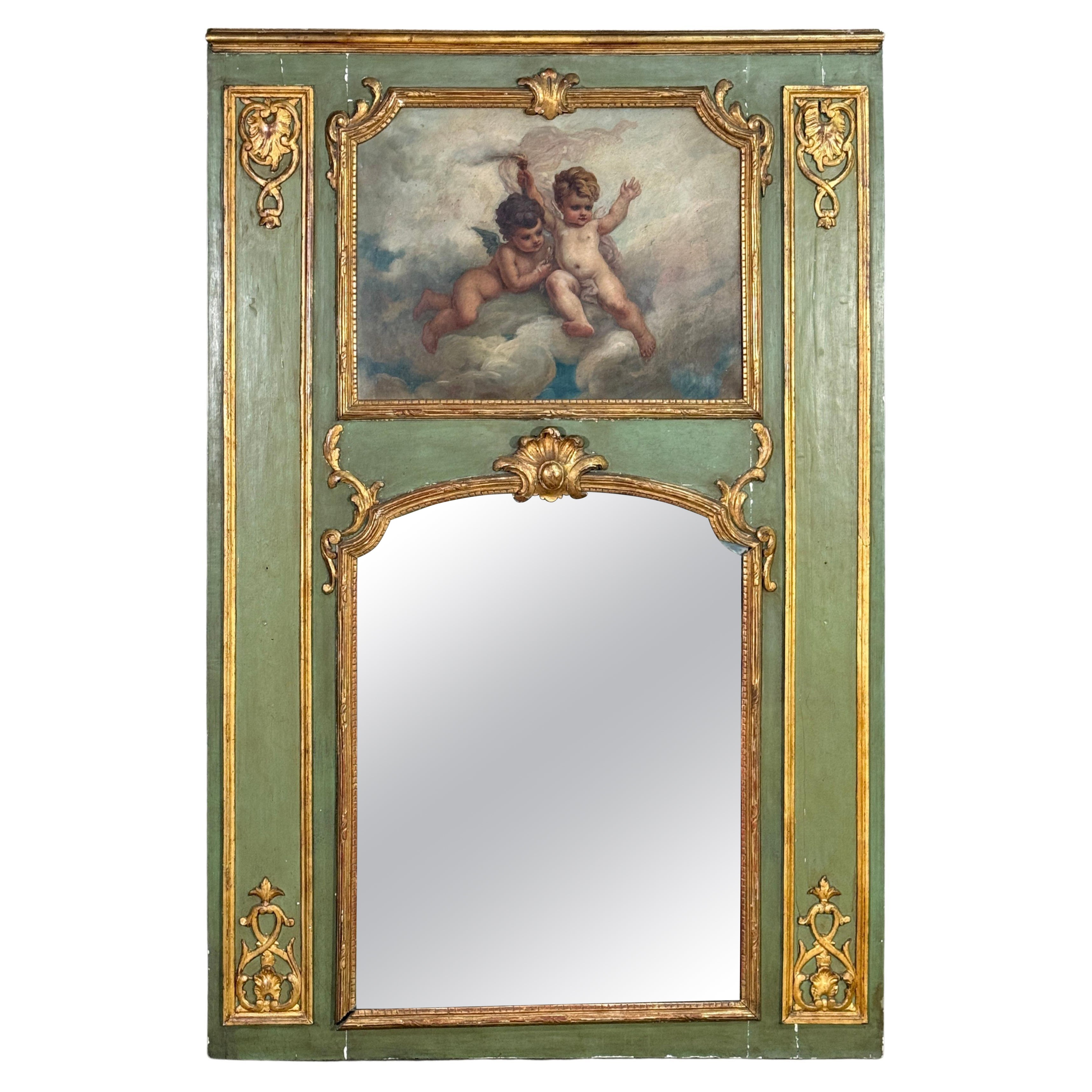 French Trumeau Mirror with Painted Cherubs