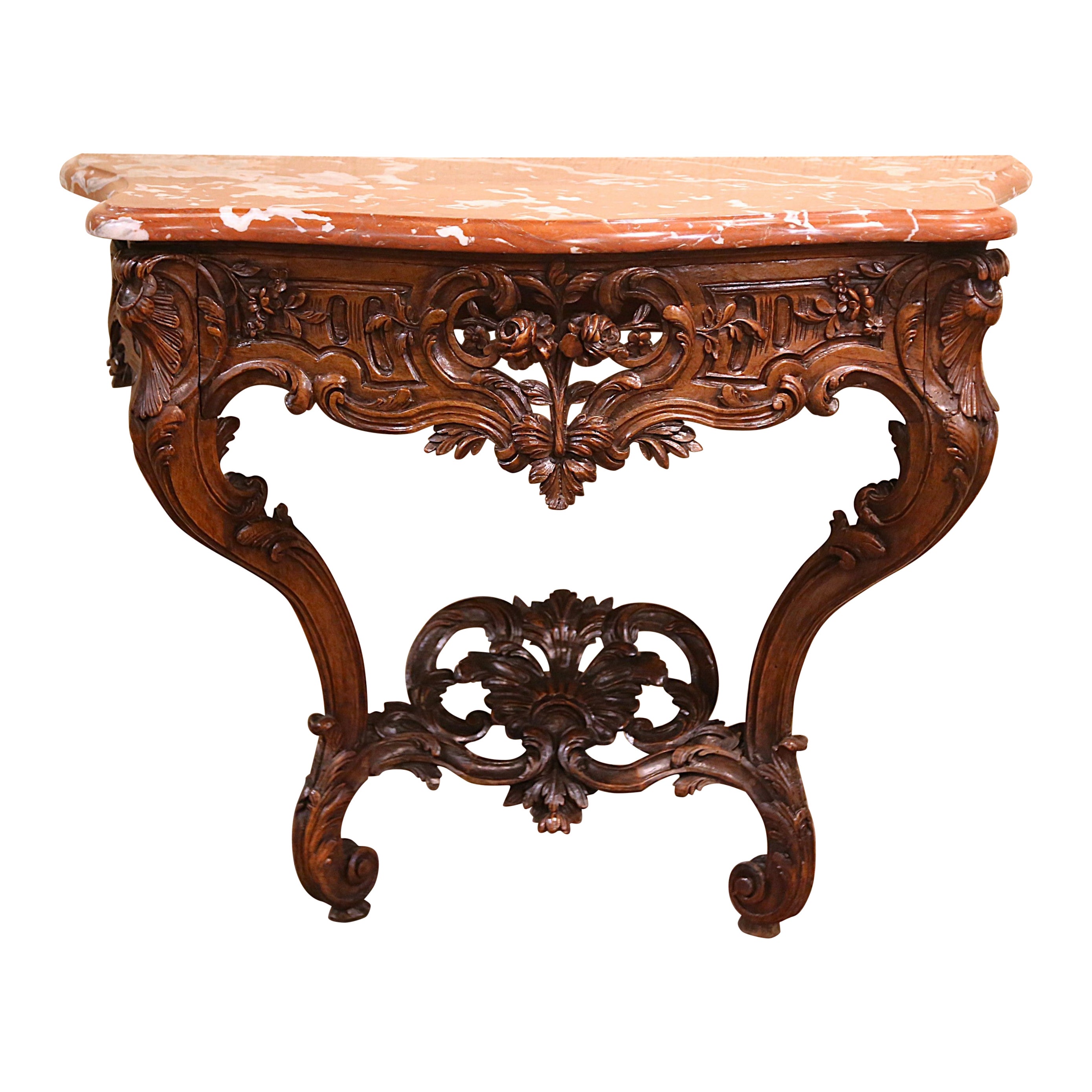 18th Century French Marble Top Carved Walnut Console Table from Provence