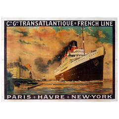 Affiche originale de 1922 de la CGT French Line Cruise:: Paris - Le Havre - New York par bateau