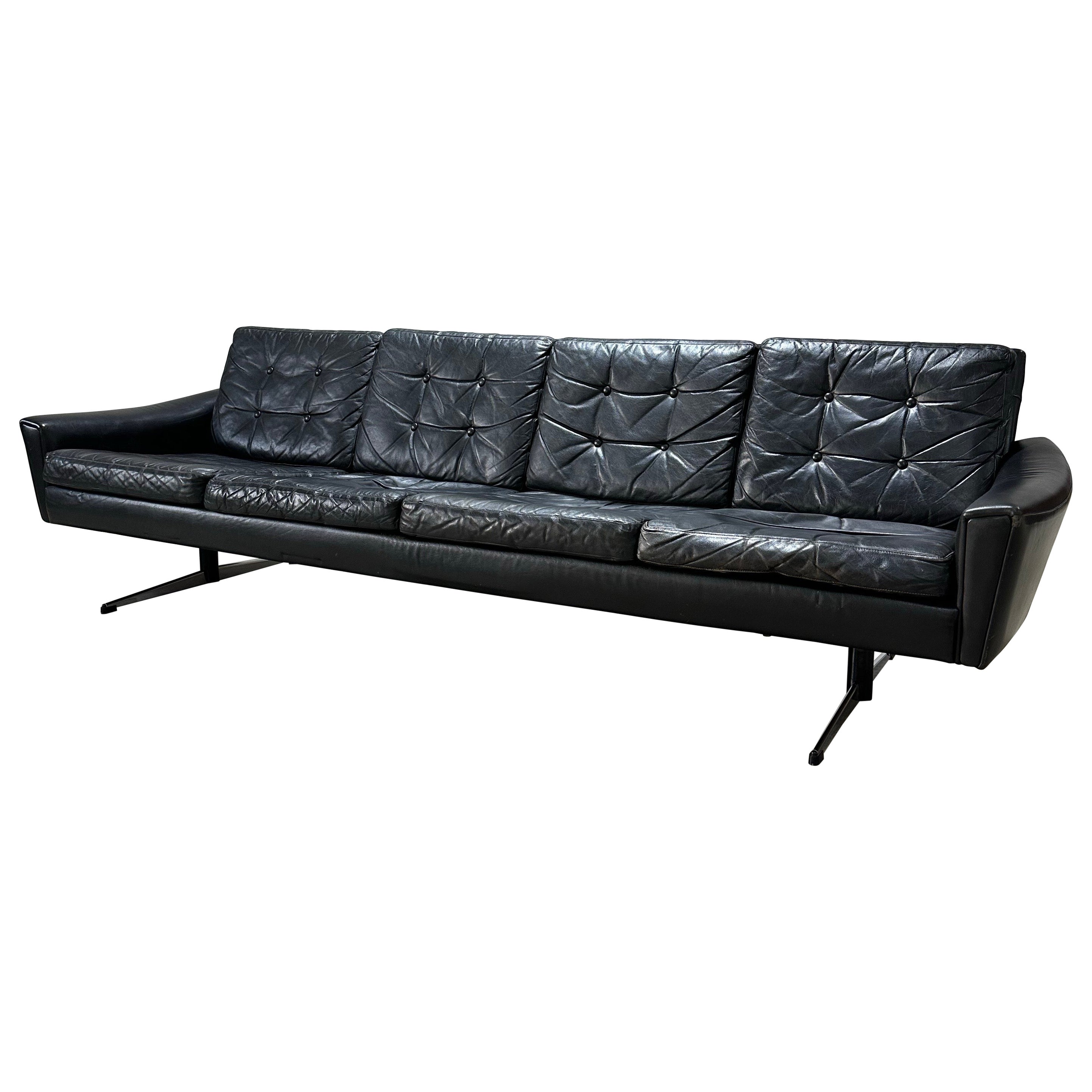 Danish Mid Century Modern Black Leather Four Seat Sofa