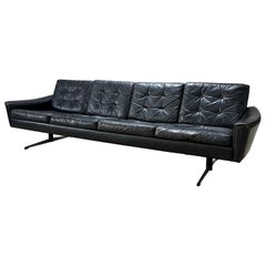 Danish Mid Century Modern Black Leather Four Seat Sofa