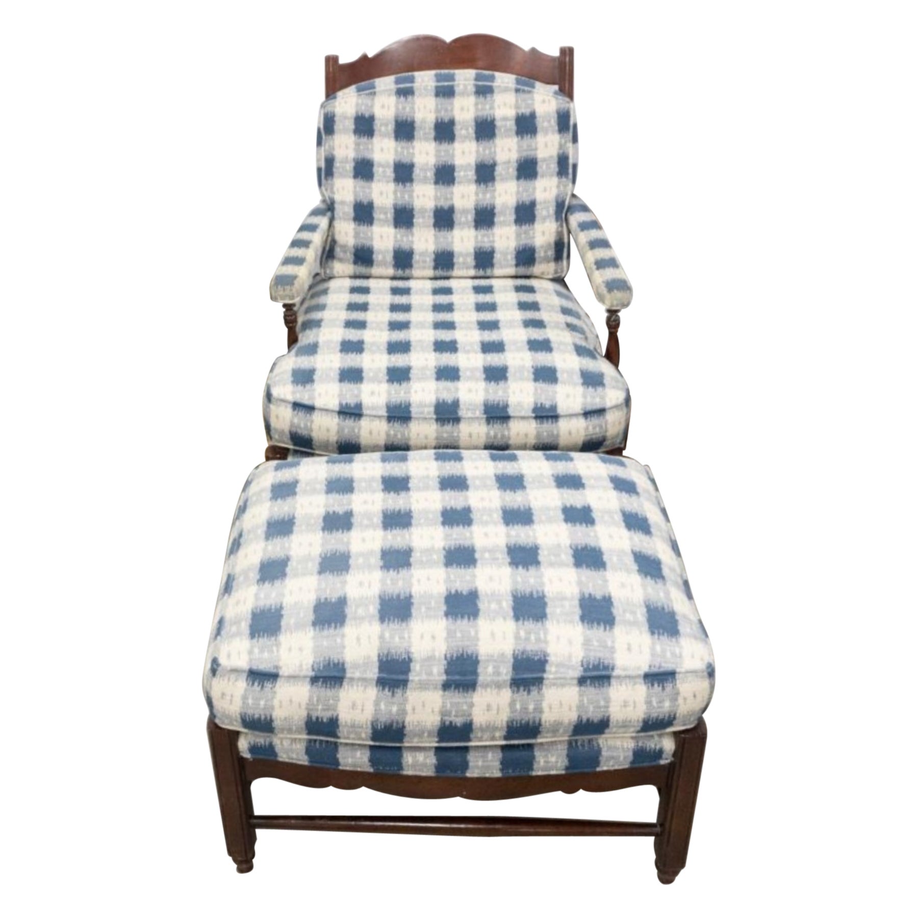 A mid Century Hickory Chair Colonial Revival Cherry and Upholstered Lounge Chair & Ottoman Set.  Hickory Chair original upholstery. Approximate height 37