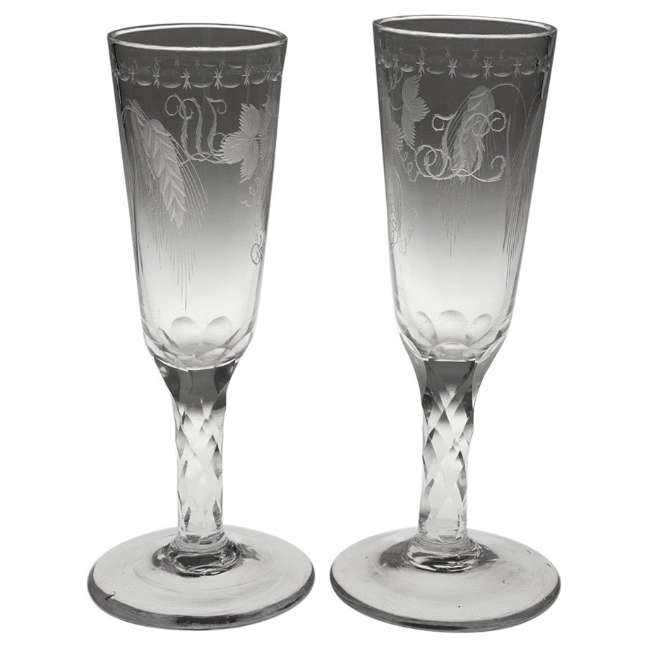 Pair of Georgian Ale Glasses with Facet Cut Stems c1780