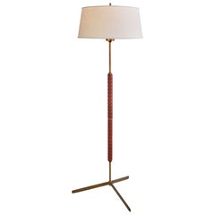Bergboms G-31 Floor Lamp in Brass, Leather and Linen, Sweden, 1940s