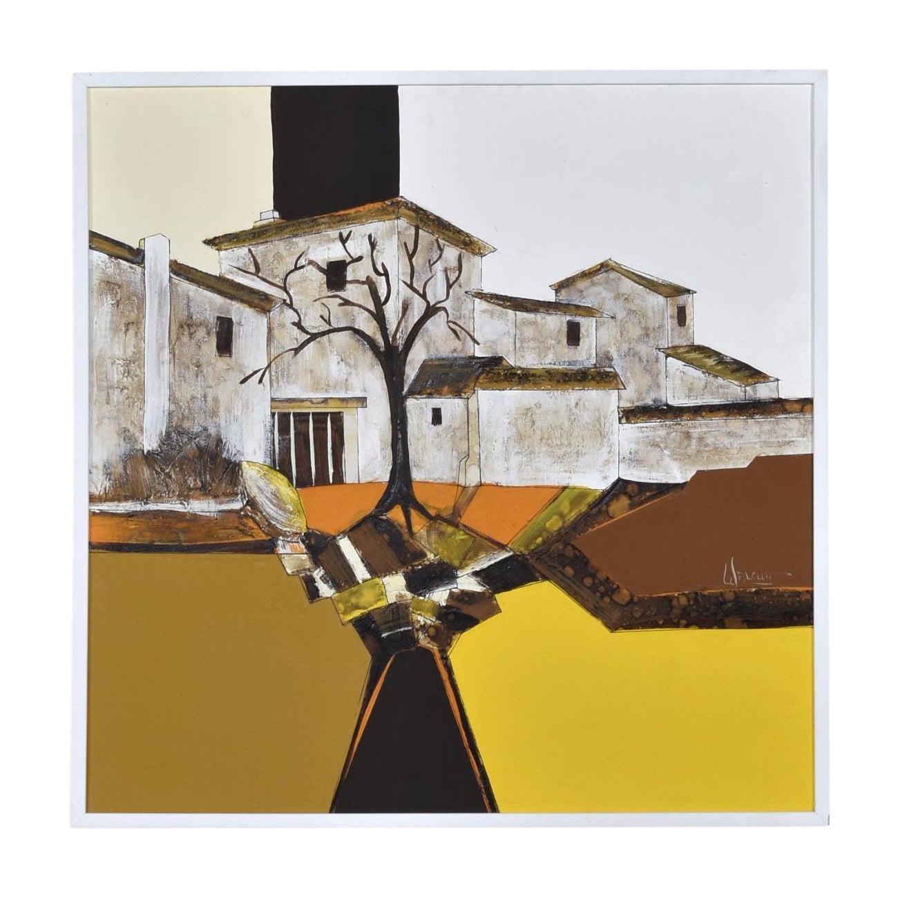 Frank Walcutt Pintura surrealista de mediados de siglo sobre una granja cuadrada de 37 pulgadas
