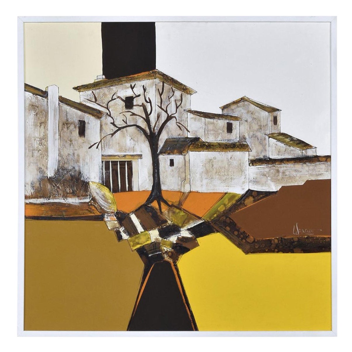 Frank Walcutt Quadrato da 37 pollici Quadro di Homestead surreale e moderno di metà secolo