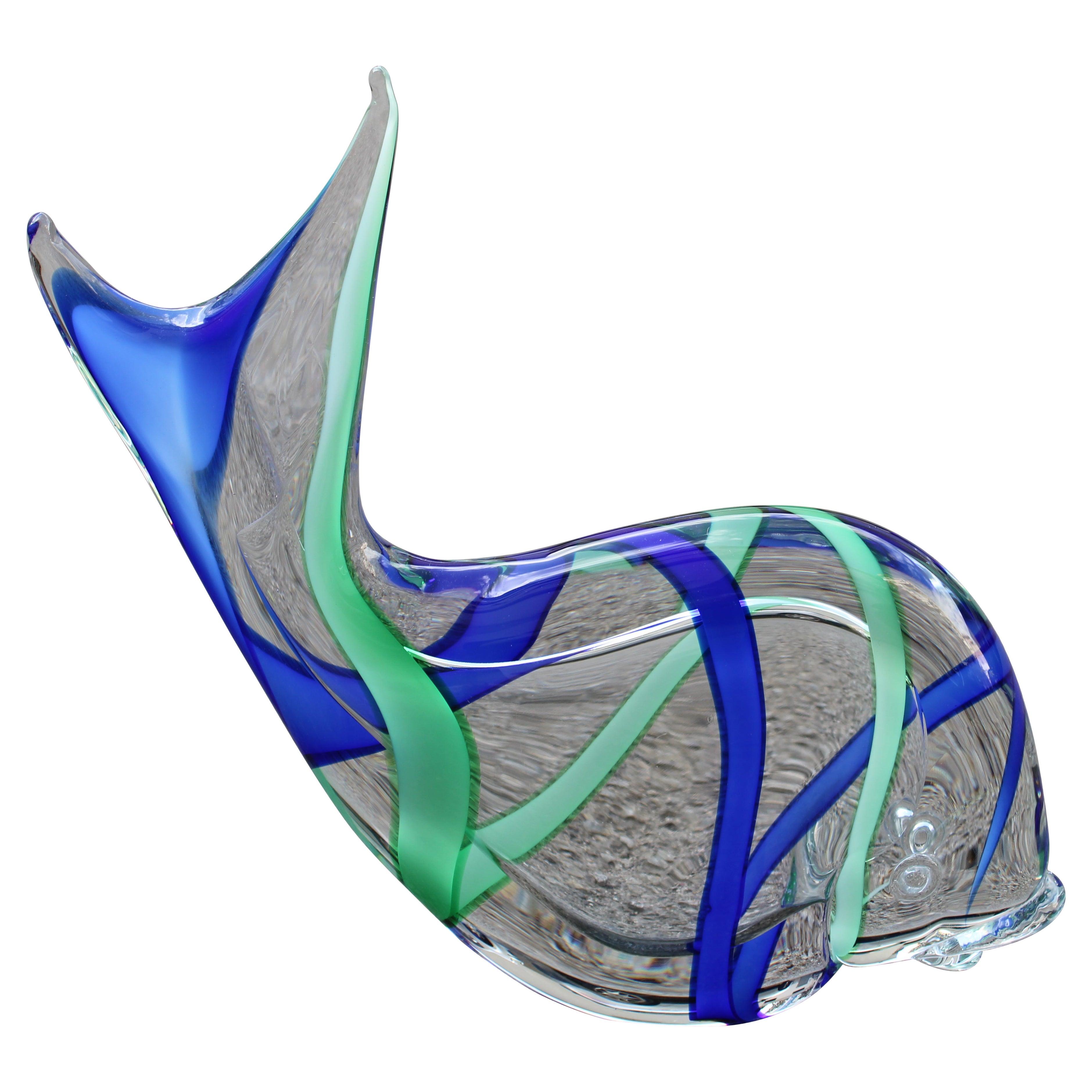 1970 Murano glass sculpture in the shape of a fish with blue and yellow colors
