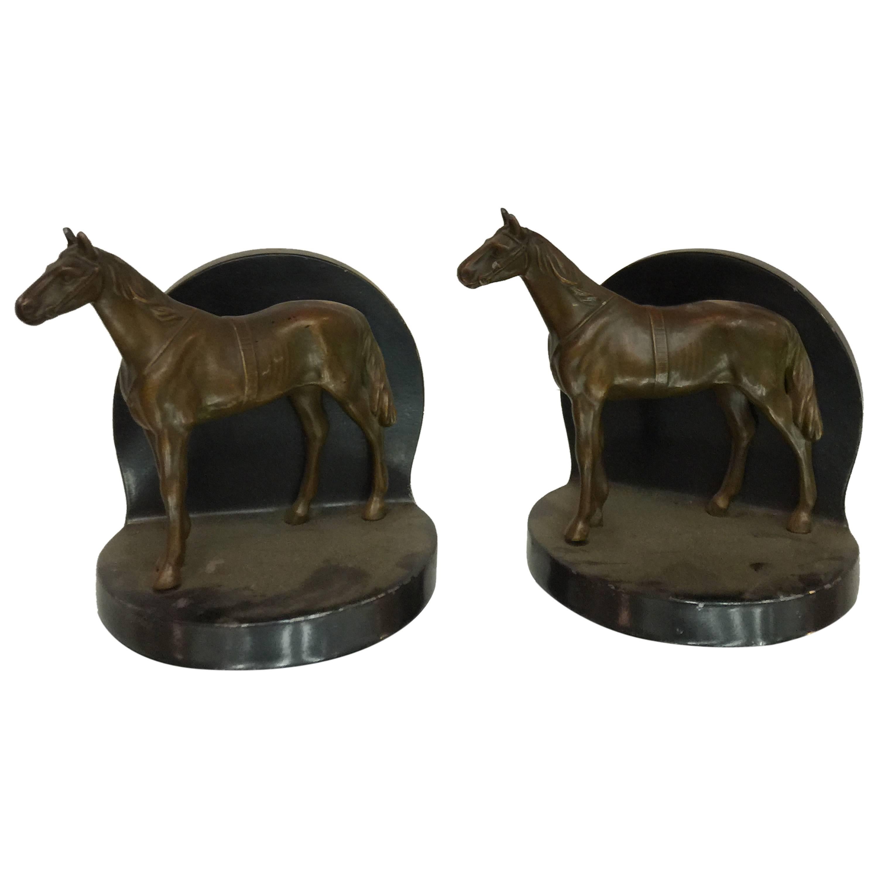 Handsome Pair of Equestrian Bronze Sculptural Bookends For Sale