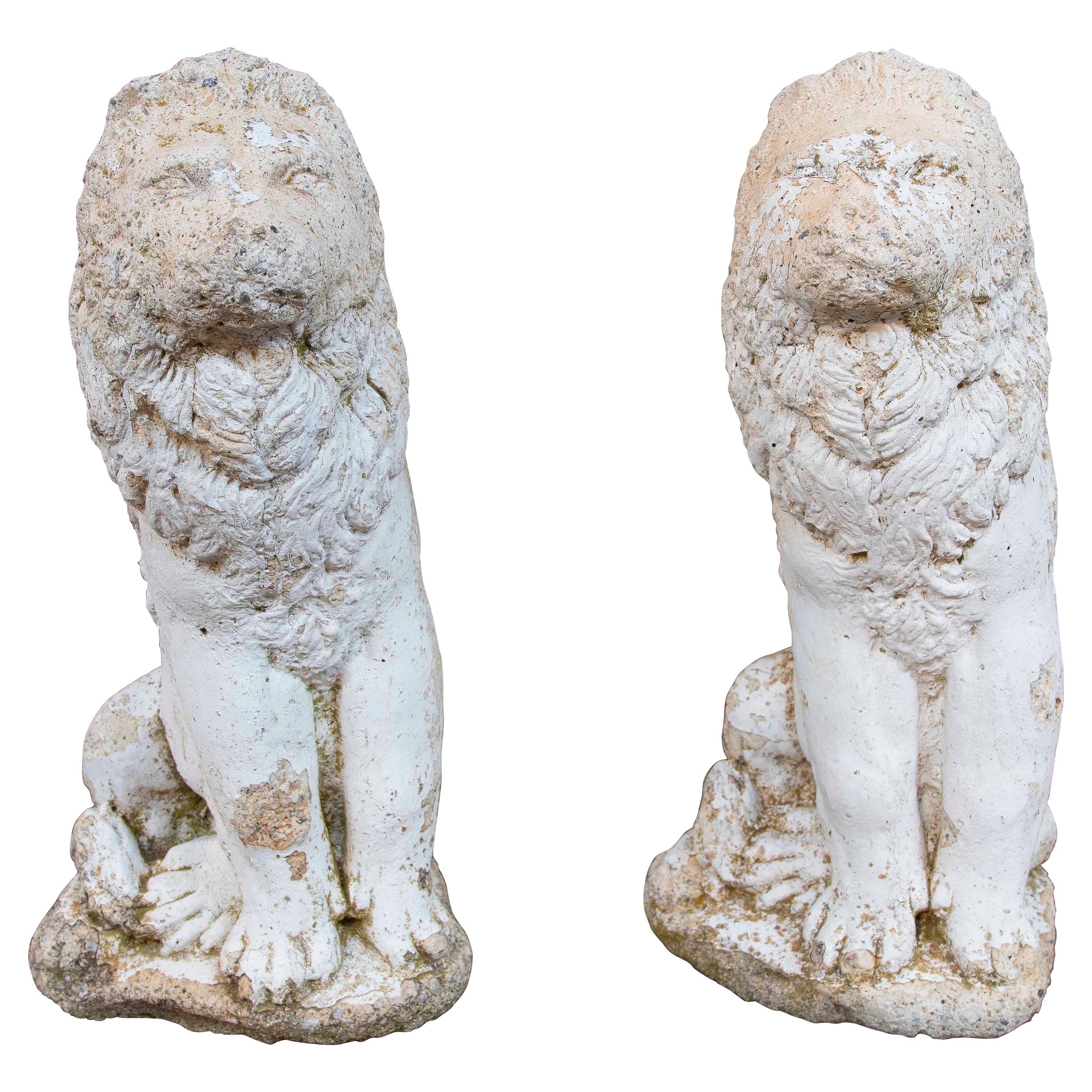 1970s Pair of Cement Lions with Antique Patina For Sale