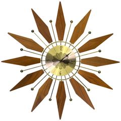 Retro 1969 Walnut and Brass Wall Clock with Starburst Pattern by Westclox