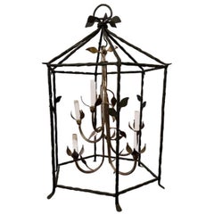 Wonderful Large Six Light Gilt Iron Lantern Chandelier Manner Of Giacometti