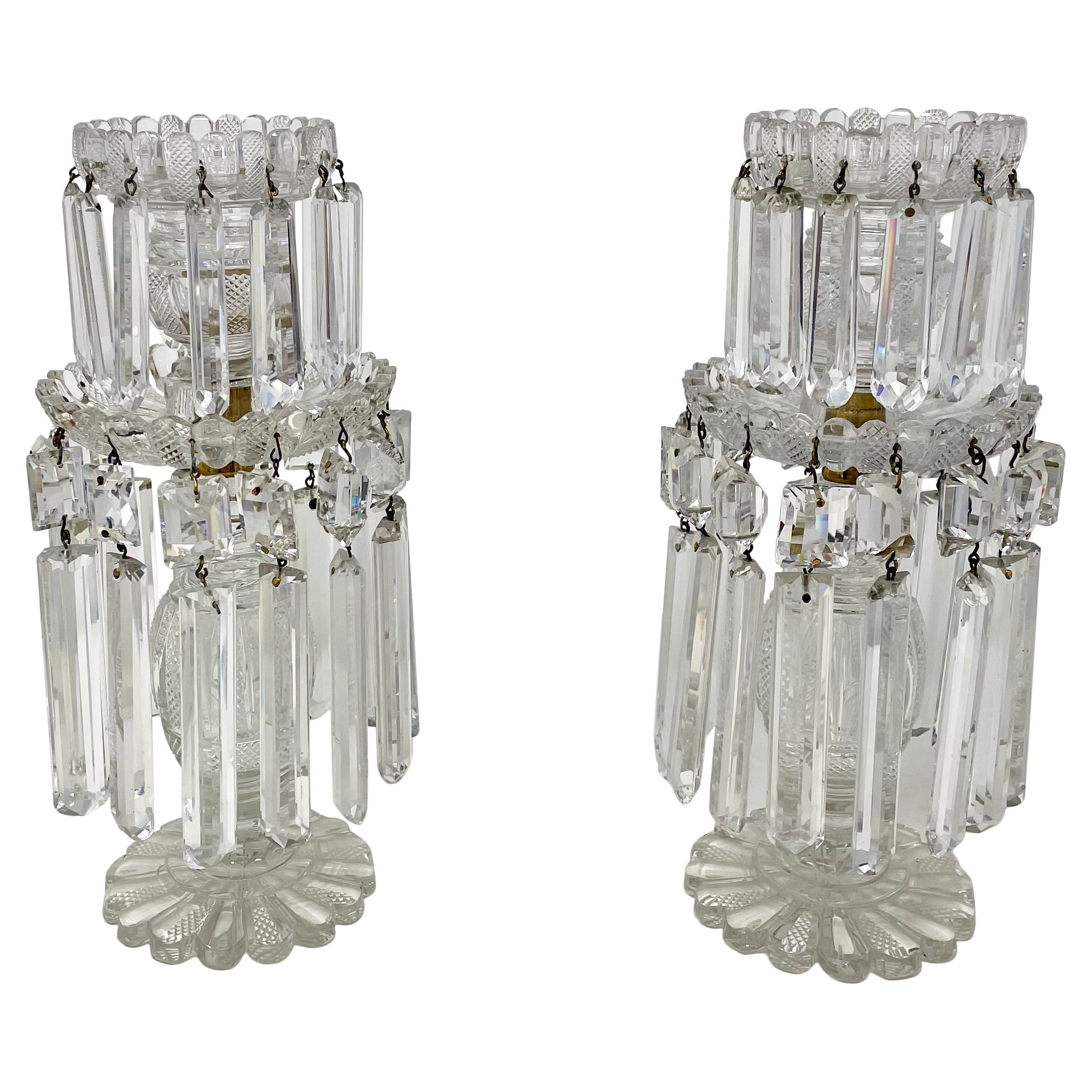 Pair Antique French Cut Crystal Candlesticks with Hanging Prisms Circa 1875-1895