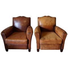 Distressed Pair of Art Deco French Cognac Leather Club Chairs, 1940s