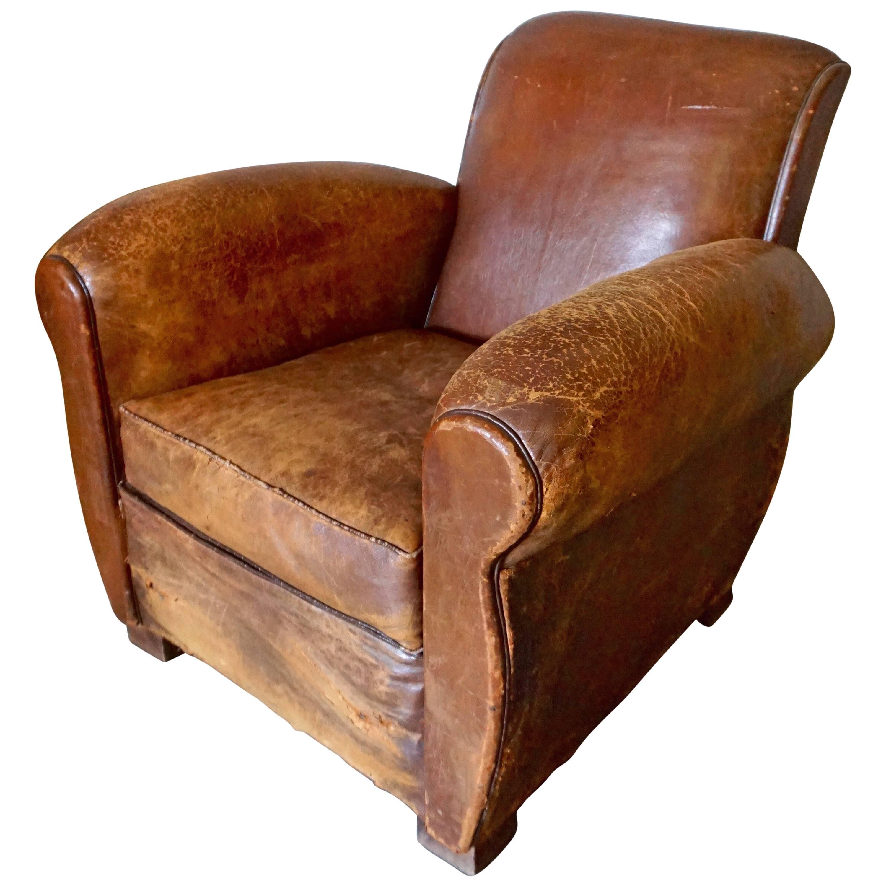 Distressed Art Deco French Cognac Leather Club Chair, 1930s