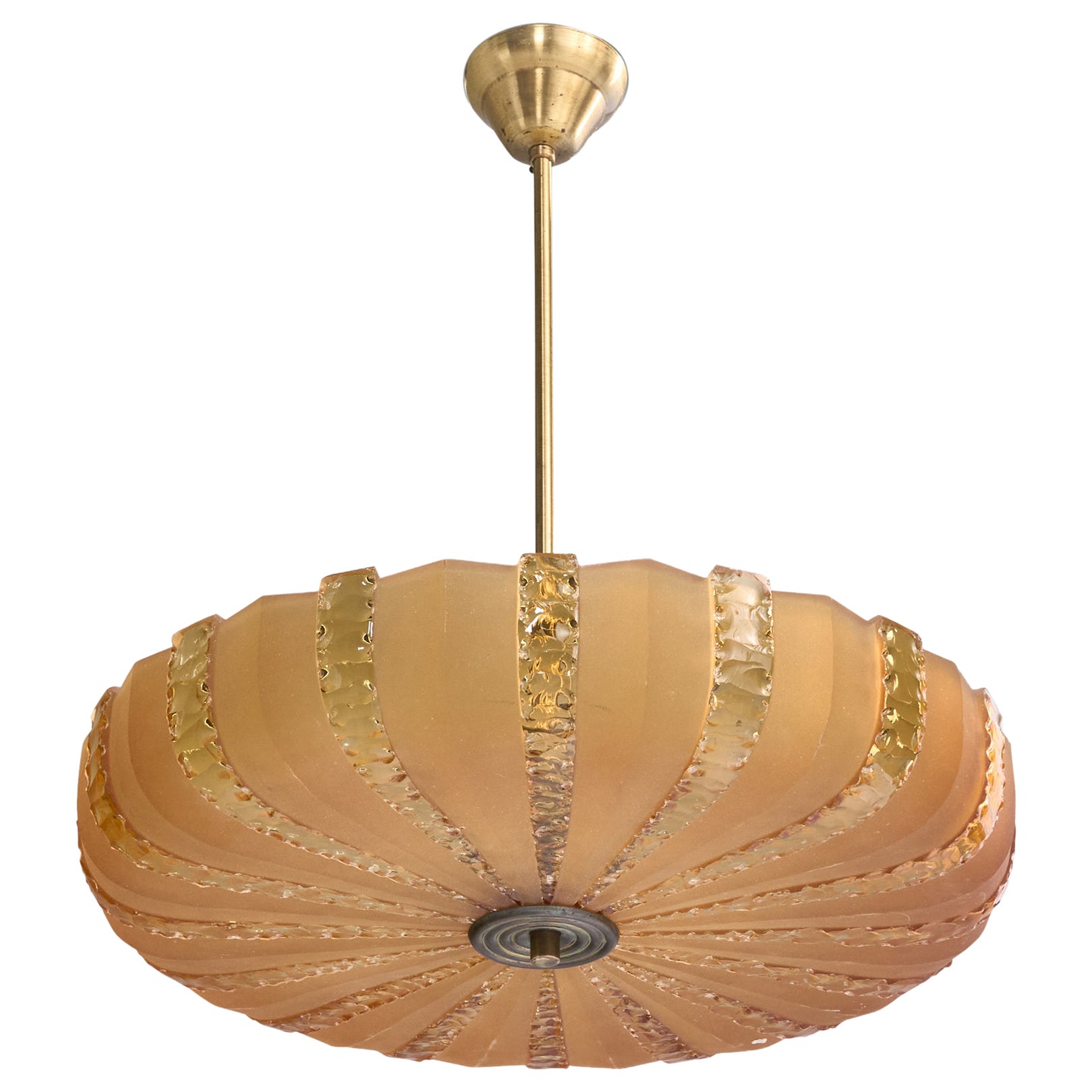 Swedish Designer, Pendant Light, Brass, Glass, Sweden, 1940s For Sale