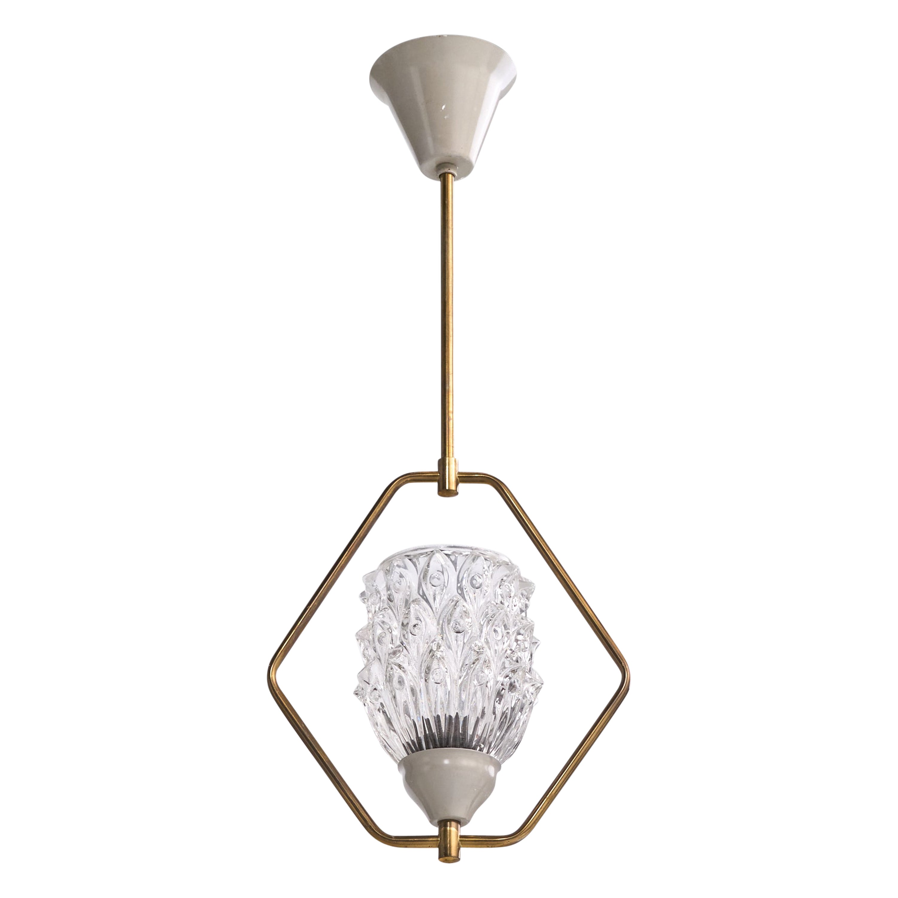 French Designer, Pendant Light, Brass, Metal, Glass, France, 1950s For Sale