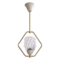 French Designer, Pendant Light, Brass, Metal, Glass, France, 1950s