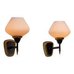 Mid-Century Modern Italian Wall Sconces in Brass and Opaline Glass