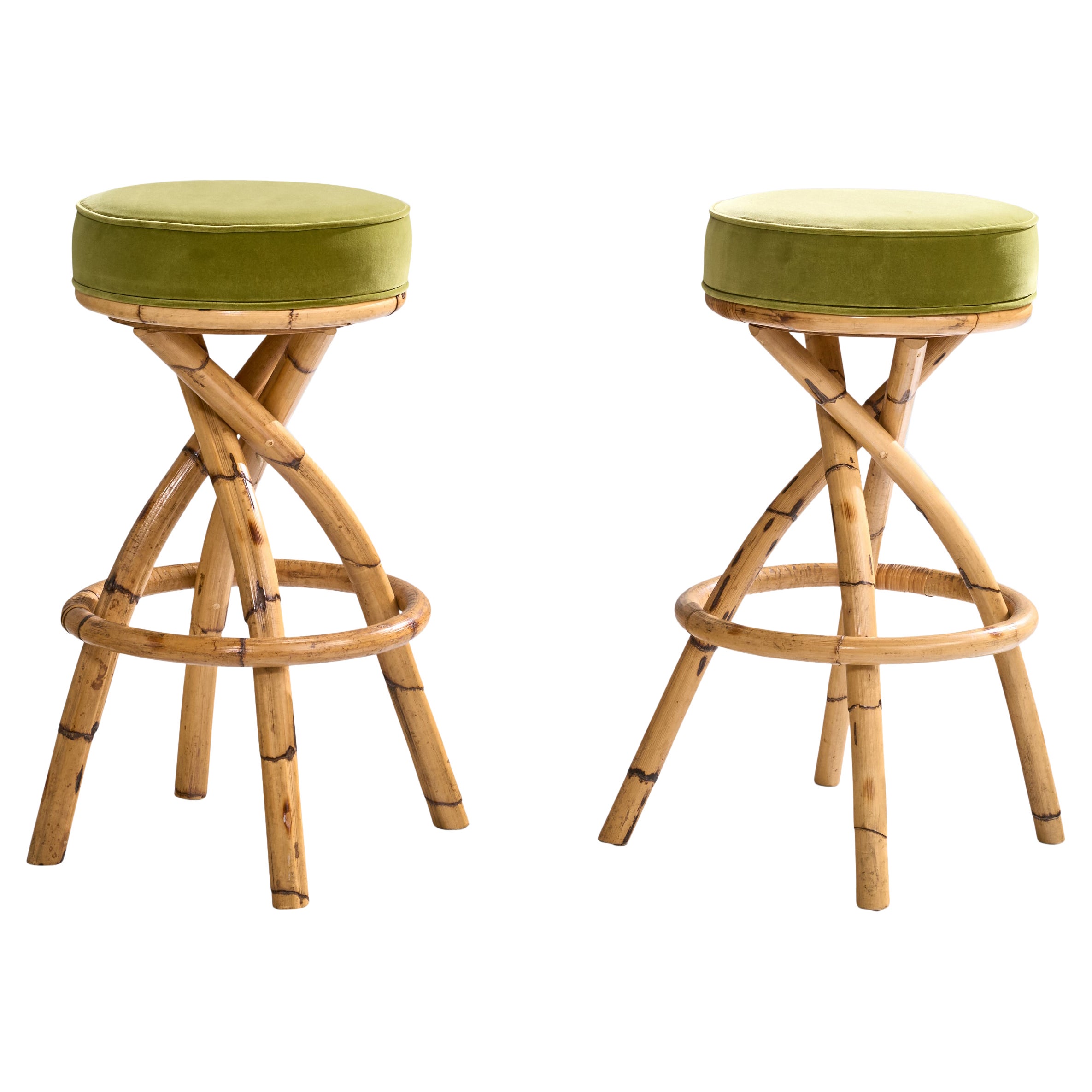 American Designer, Bar Stools, Bamboo, Velvet, USA, 1960s