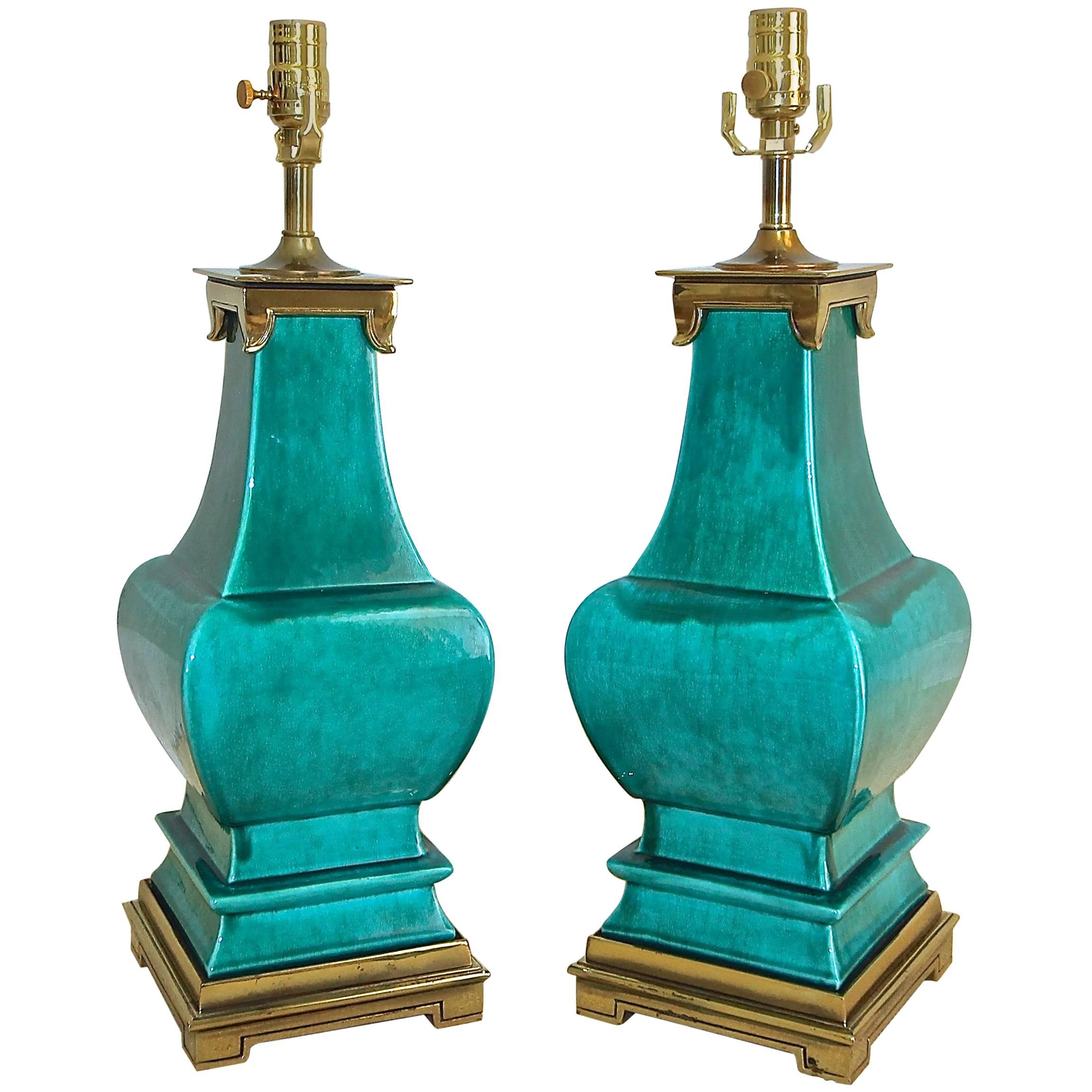 Pair of Stiffel Asian Style Turquoise Ceramic Lamps