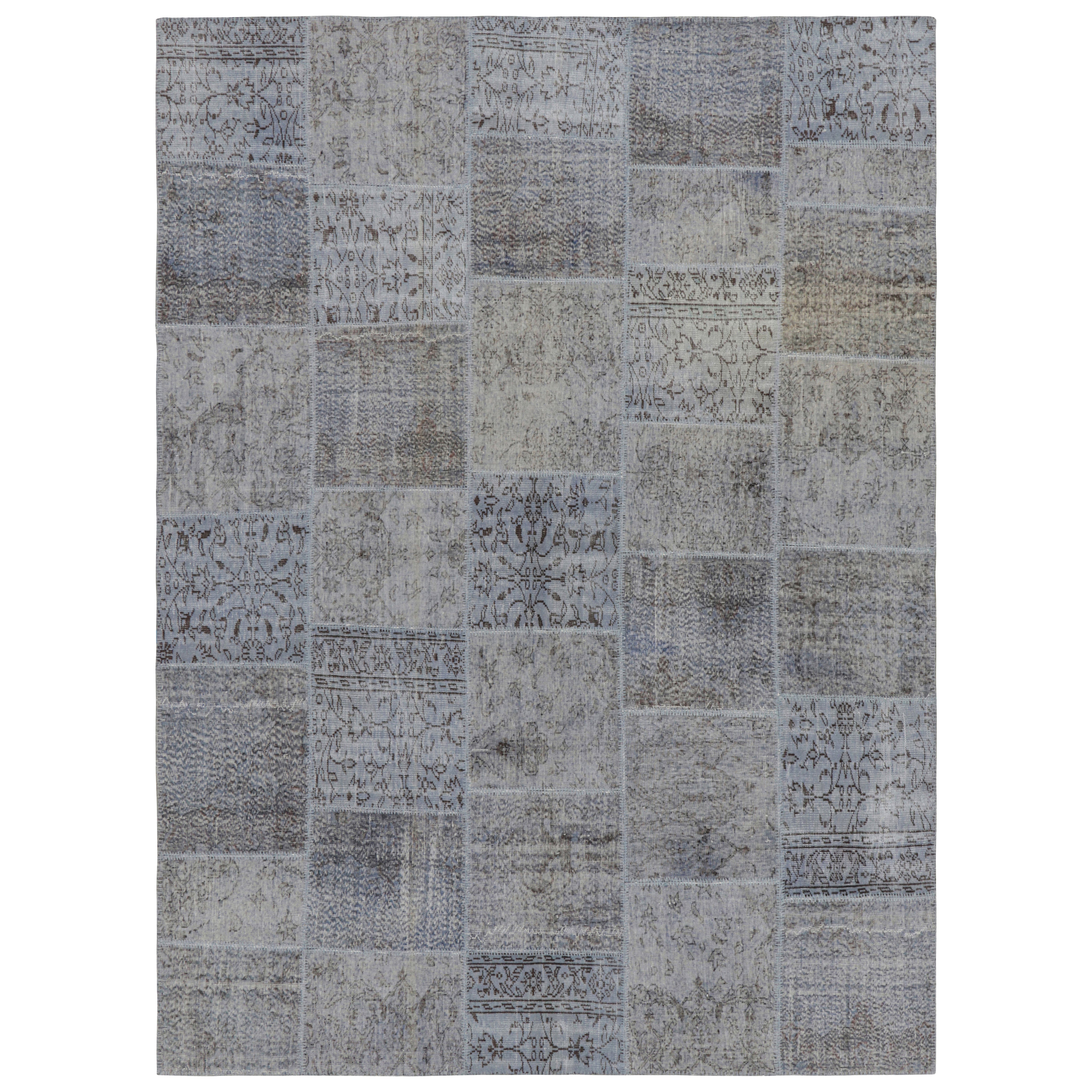 Vintage Patchwork Rug in Blue and Gray with Floral Patterns - Rug & Kilim For Sale