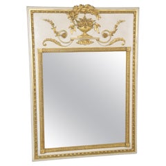 Espejo Trumeau Estilo Luis XVI Tallado Decorado con Pintura Crema y Dorado