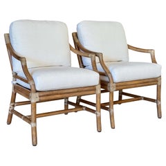McGuire Organic Modern Rattan Custom Upholstered Lounge Chairs-Pair