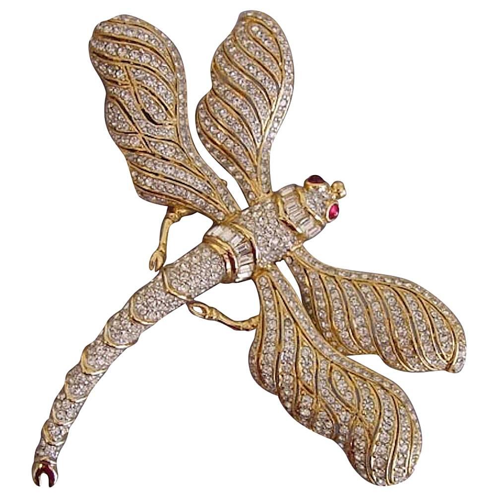 Stunning Large Runway Gold-Plated Rhinestone Ciner Dragonfly Brooch For Sale