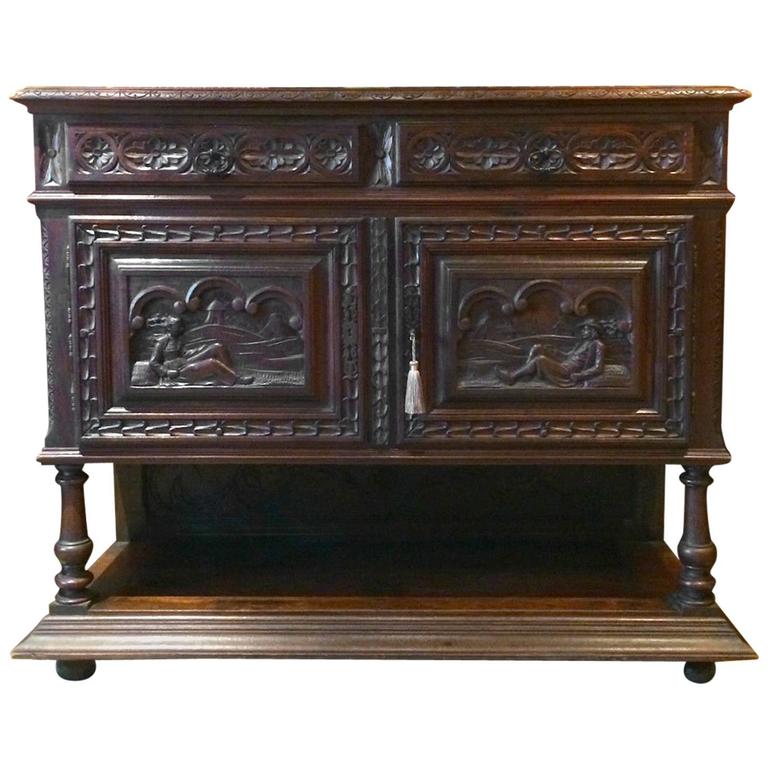 French Antique Gothic Sideboard Credenza Solid Oak Buffet Cupboard