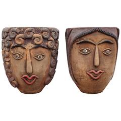 Vintage 1960s Mexican Terracotta Face Planters