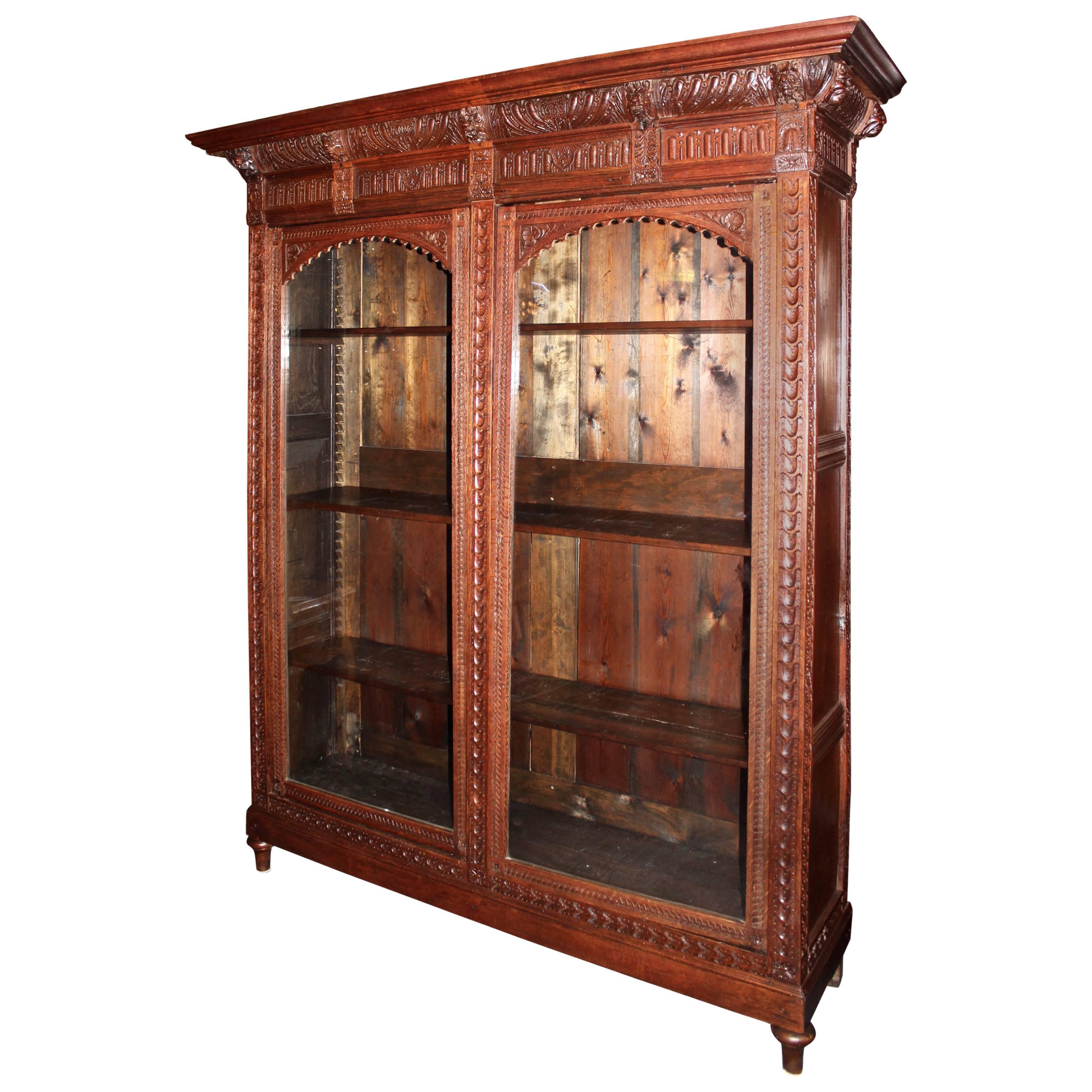Hand-Carved Bookcase with Glass Door Display For Sale