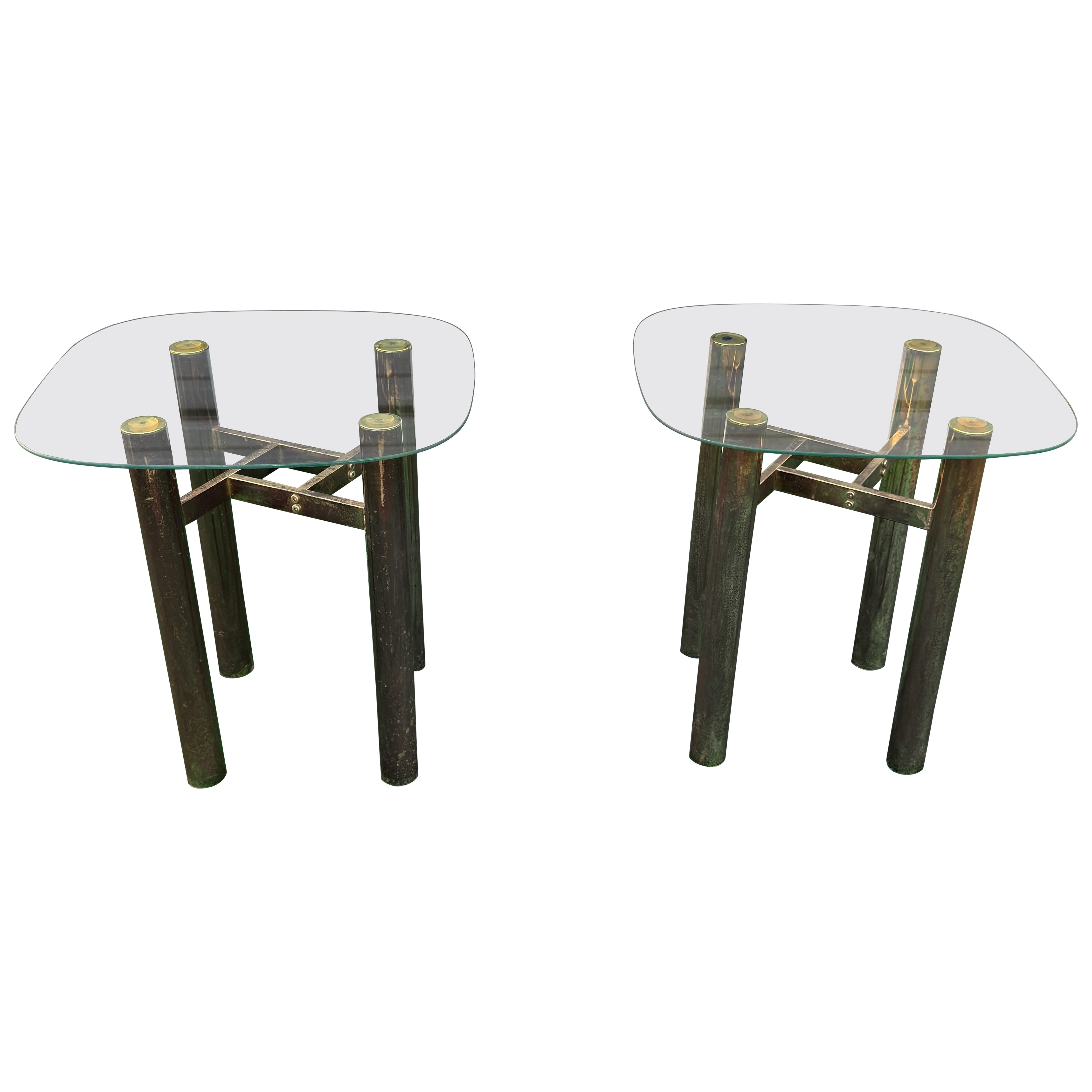 Pair of Post Modern Brass Plated Glass Top Tables in the Manner of Paul Evans