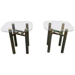 Pair of Post Modern Brass Plated Glass Top Tables in the Manner of Paul Evans