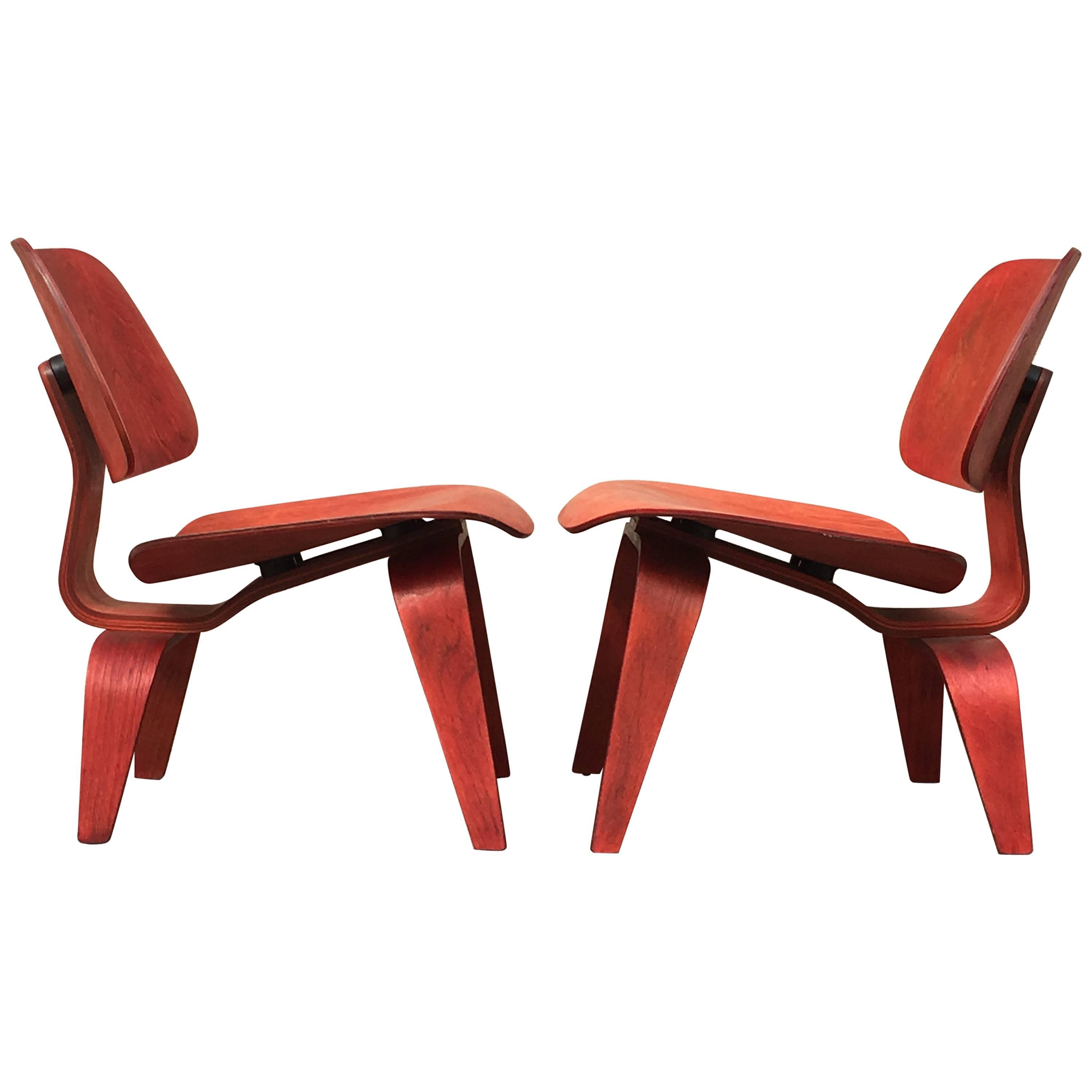 Two Red Evans Early Eames LCW Lounge Chairs